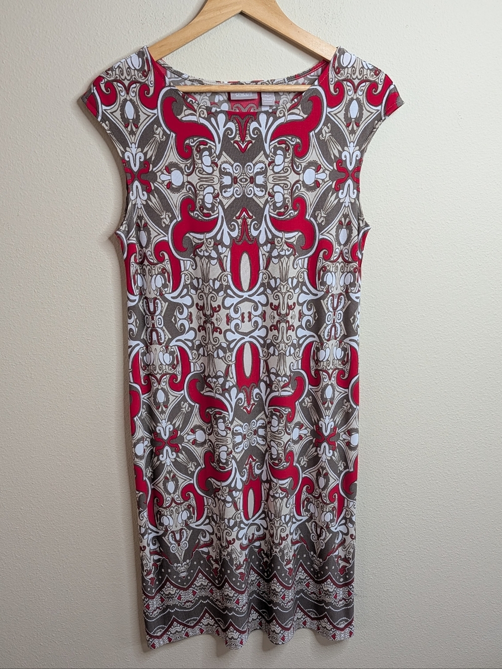 Chico's Baroque Print Shift Dress | Size 1 (US 8/M) | Red Taupe White | Midi